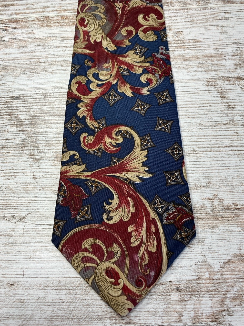 Vintage Baroque Necktie Blue Red Gold Scroll Paisley Power Tie 90s USA 55x4
